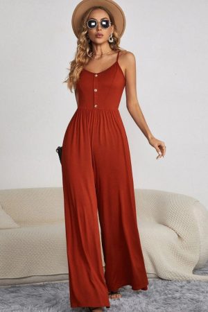 Button Design Cami Wide Leg Jumpsuit