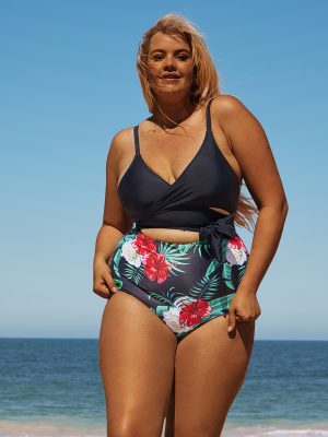 Plus Size Wrap Floral Black One Piece Swimsuit