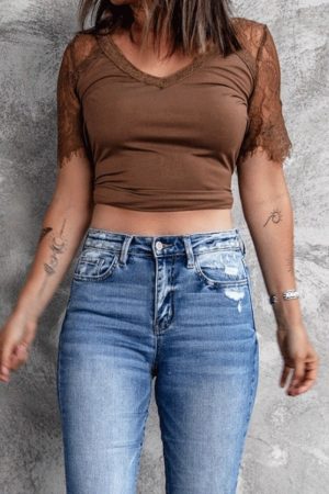 Lace Patchwork Solid Color Skinny T-shirt