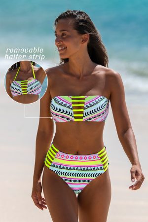 Geometric Bandeau Strappy Bikini Set
