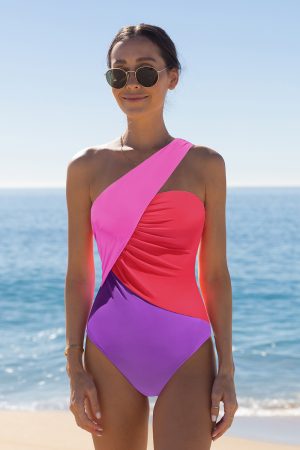 One Shoulder Color Block Ruched One Piece Swimsuit