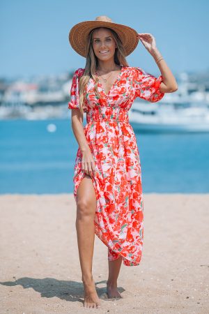 Ruched Floral A Line Midi Dress