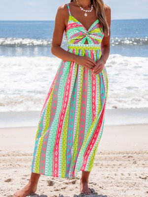 Lace Up Geometric Pattern A Line Maxi Dress