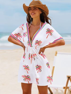 Tropical Palm Drawstring Cover-Up Dress