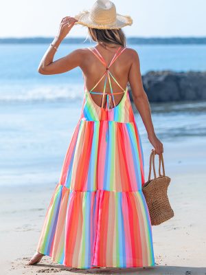 Rainbow Stripe Vacation Crisscross Back Maxi Dress