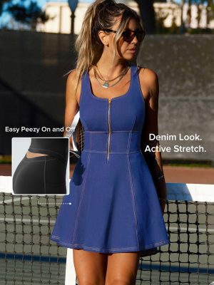 Denim Look Active Zip-Front Tennis Dress with Built-In Shorts