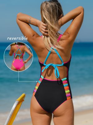 Color Contrast Lace Up Sporty One Pieces