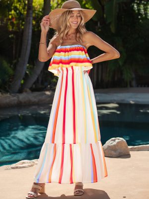 Rainbow Stripe Off-Shoulder Maxi Dress