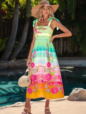 Floral Ombre Stripe Tie-Shoulder Maxi Dress
