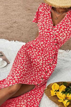 Button Design Small Flower Print Asymmetrical Midi Dress